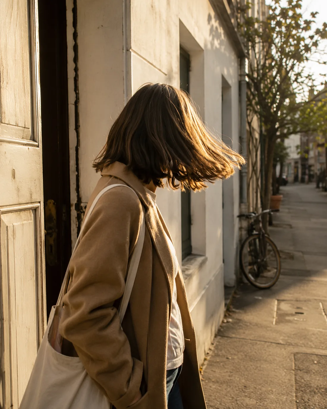 A woman walking out into daylight with a fresh cut, her hair caught mid movement