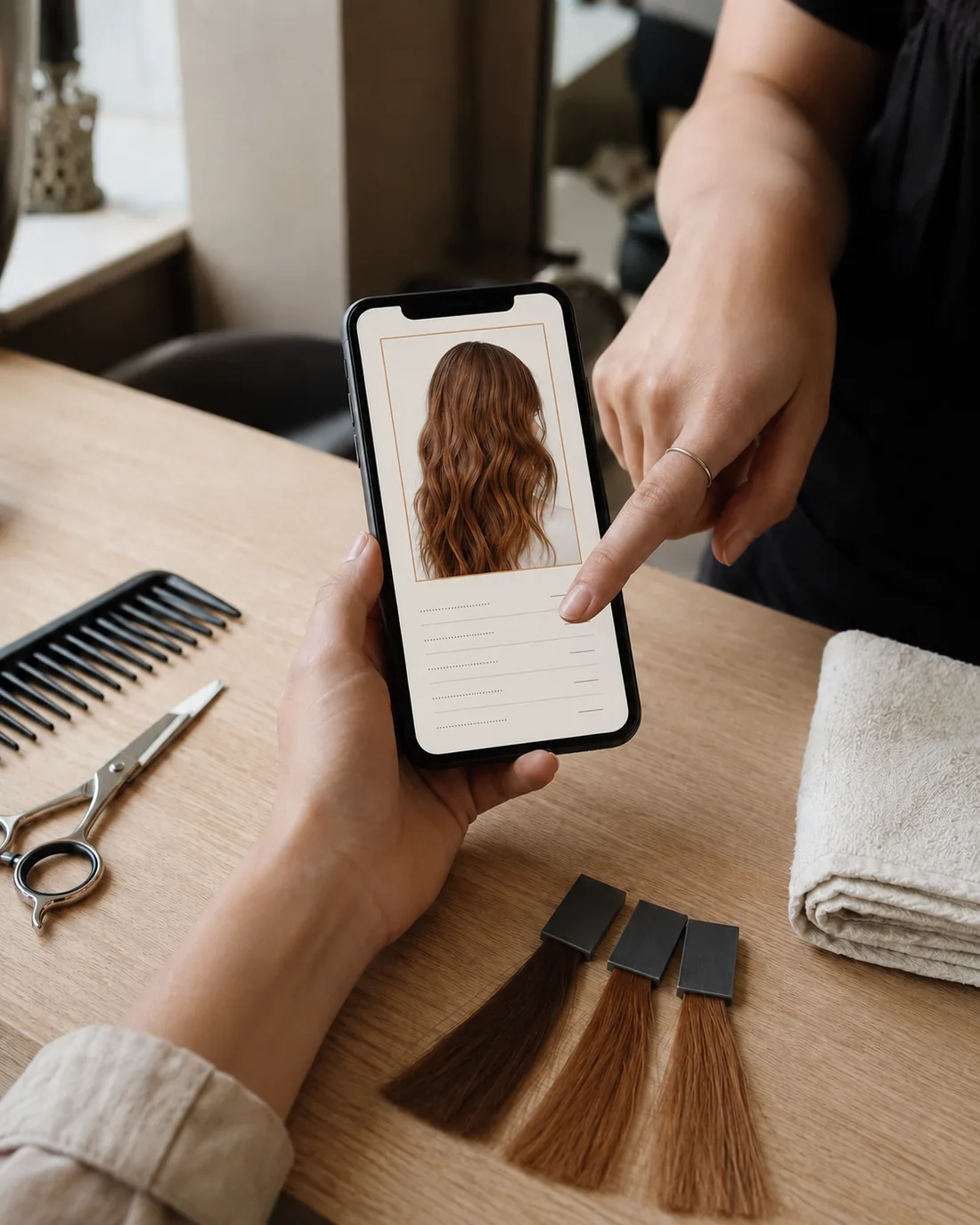 A client and a stylist looking at the same phone over a salon counter