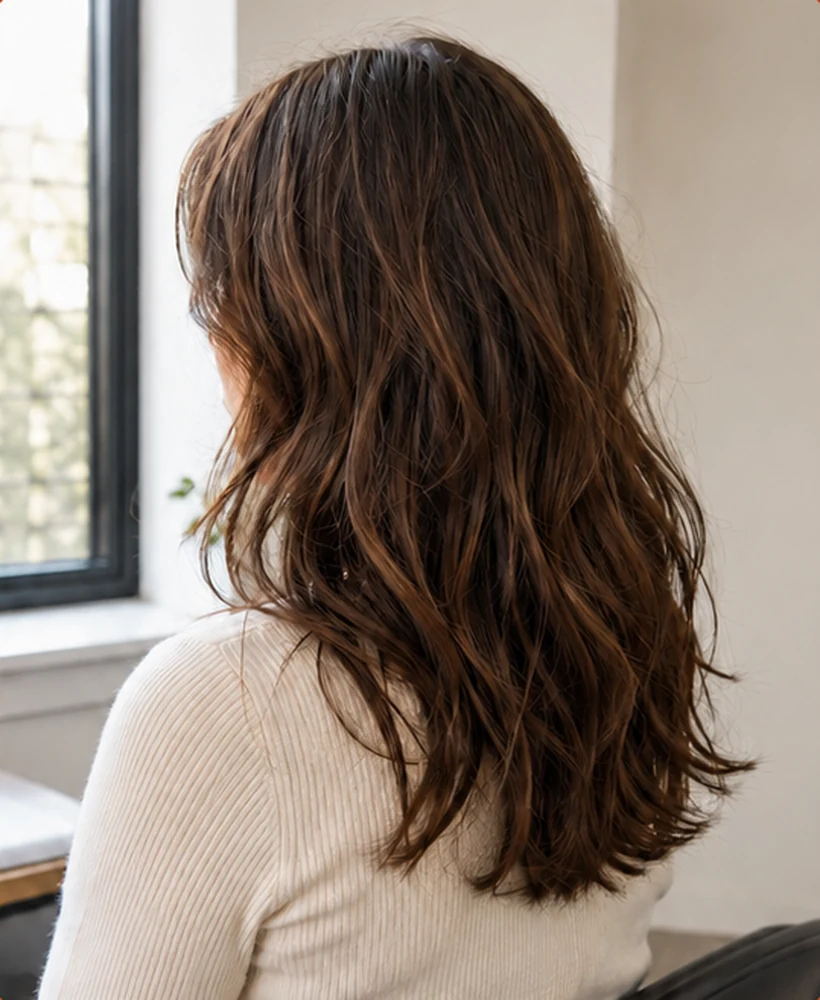 A saved photo of shoulder length wavy brown hair, seen from behind